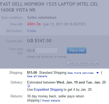 eBay -информация о доставке